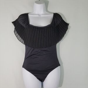 LUXE By Lisa Vogel Women's Black Ruffle Sleeve One Piece Swimsuit M Cottagecore
